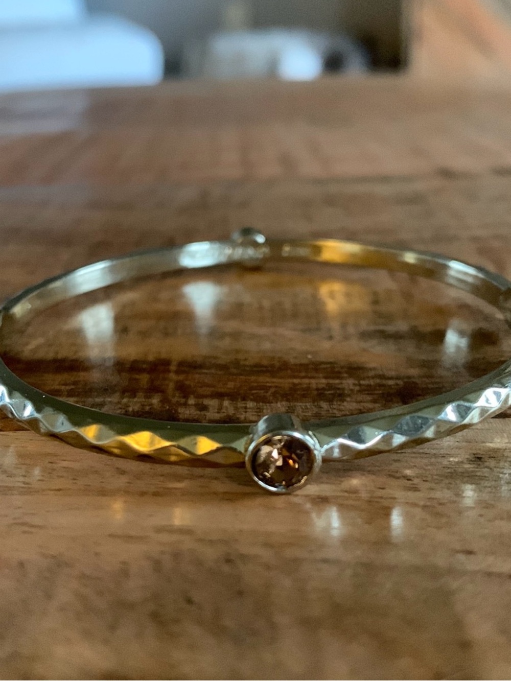 Vintage Graziano China Hammered Silver-Tone Bangle Bracelet with Faceted Stone